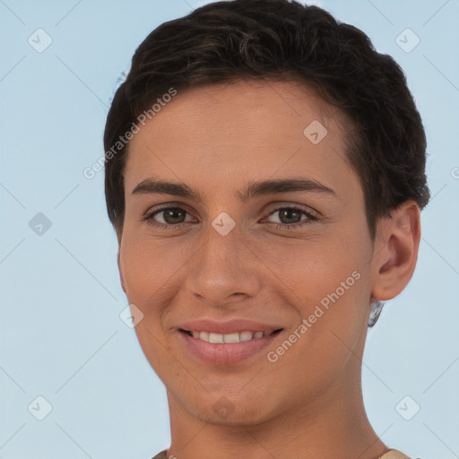 Joyful white young-adult female with short  brown hair and brown eyes