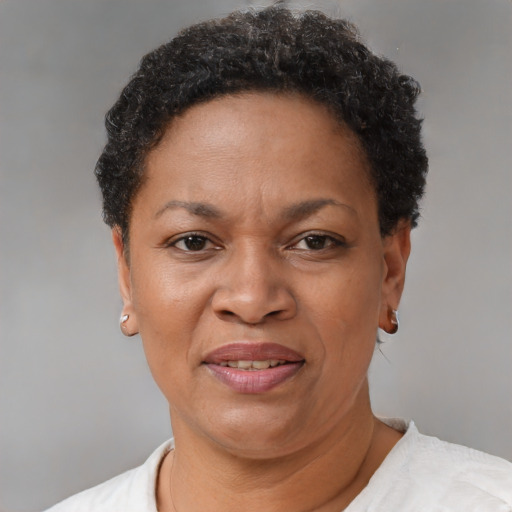 Joyful black adult female with short  brown hair and brown eyes