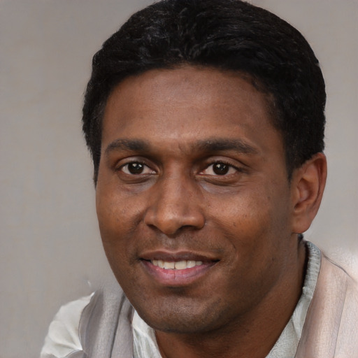 Joyful black adult male with short  black hair and brown eyes