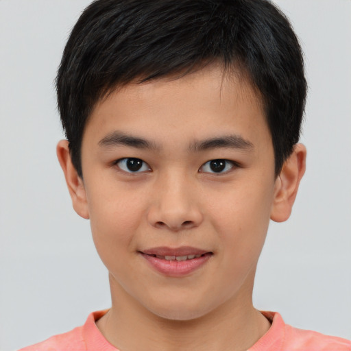 Joyful asian child male with short  brown hair and brown eyes