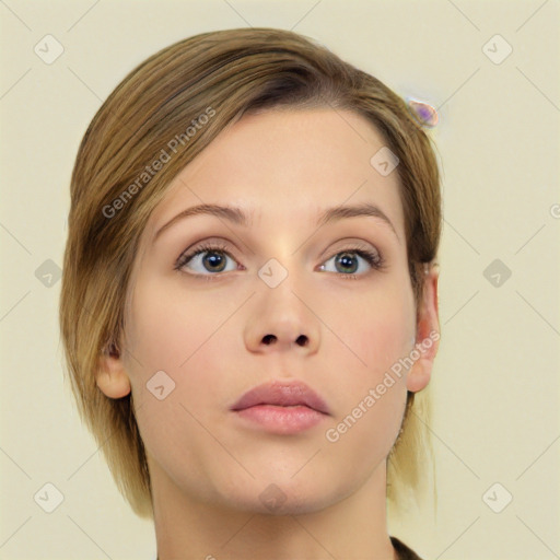 Neutral white young-adult female with medium  brown hair and grey eyes