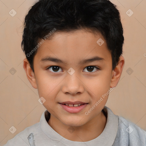 Joyful white child male with short  brown hair and brown eyes