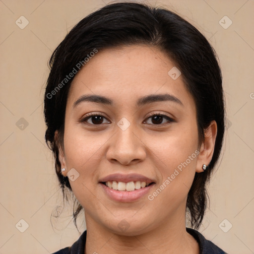 Joyful white young-adult female with medium  brown hair and brown eyes