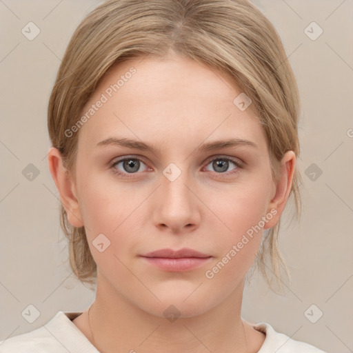 Neutral white young-adult female with medium  brown hair and grey eyes