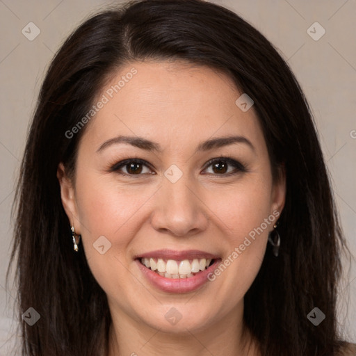 Joyful white young-adult female with long  brown hair and brown eyes