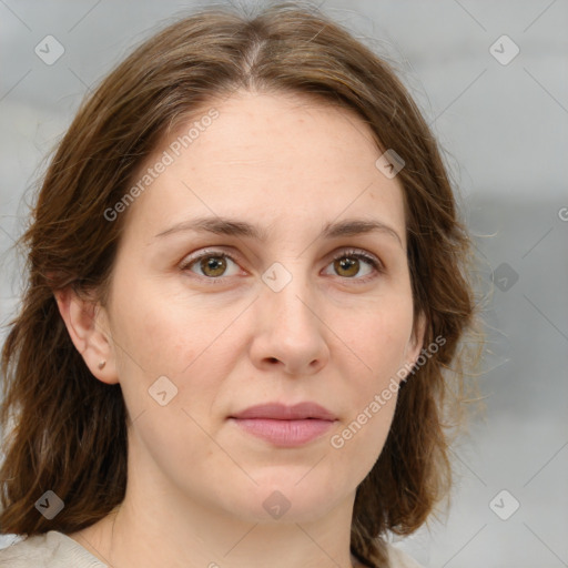 Joyful white young-adult female with medium  brown hair and green eyes