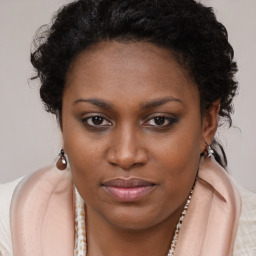 Joyful black young-adult female with long  brown hair and brown eyes