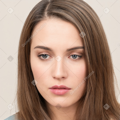 Neutral white young-adult female with long  brown hair and brown eyes