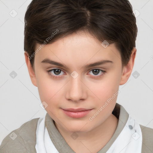 Joyful white child female with short  brown hair and brown eyes