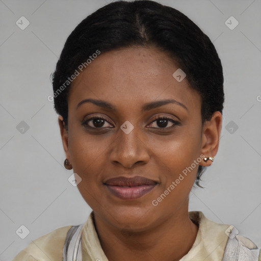 Joyful latino young-adult female with short  brown hair and brown eyes