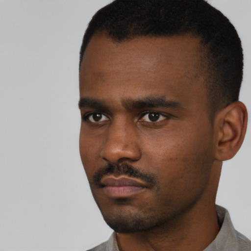Neutral black young-adult male with short  black hair and brown eyes