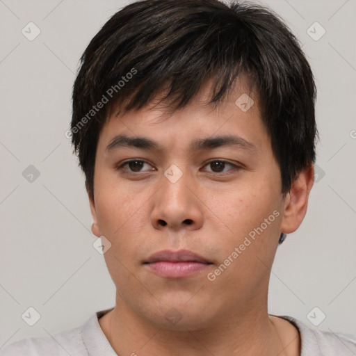 Neutral asian young-adult male with short  brown hair and brown eyes