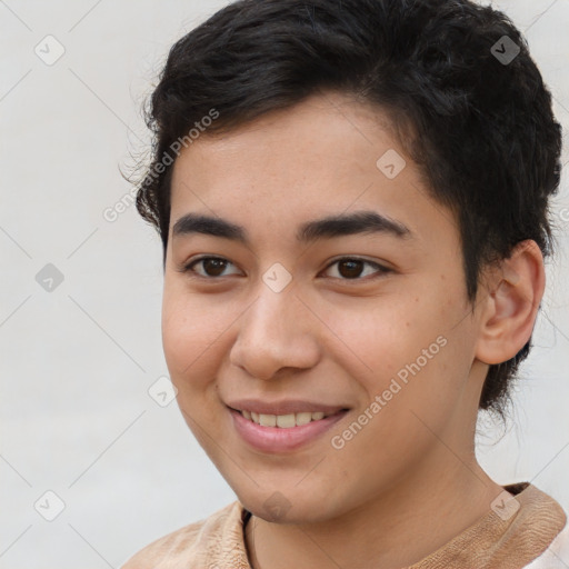 Joyful asian young-adult female with short  brown hair and brown eyes