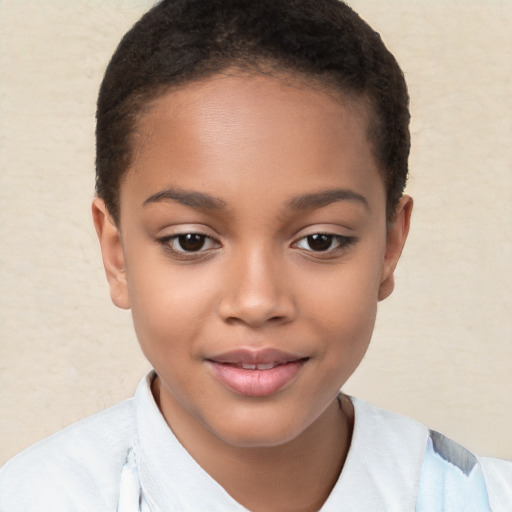 Joyful white child female with short  brown hair and brown eyes