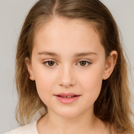 Joyful white child female with medium  brown hair and brown eyes