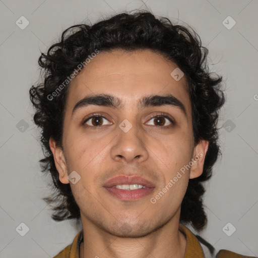 Joyful white young-adult male with medium  brown hair and brown eyes