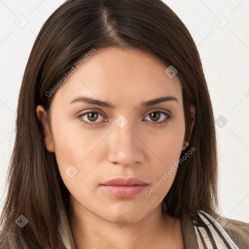 Neutral white young-adult female with long  brown hair and brown eyes