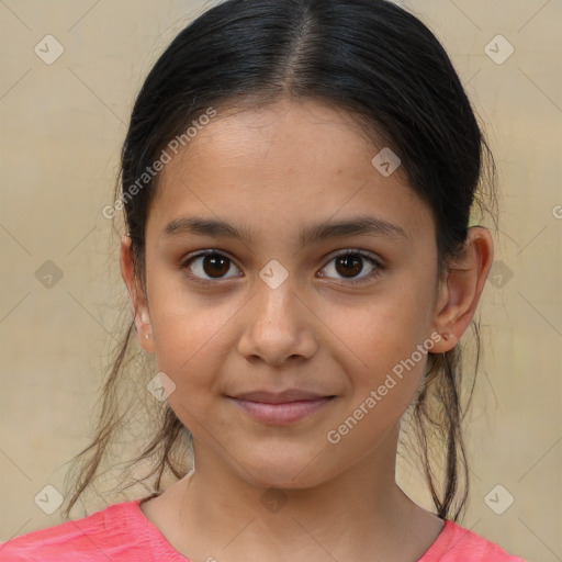 Joyful white child female with medium  brown hair and brown eyes