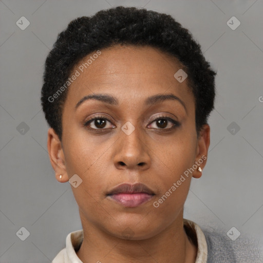 Neutral black young-adult female with short  brown hair and brown eyes