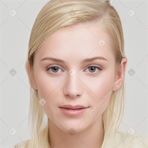 Joyful white young-adult female with long  brown hair and blue eyes