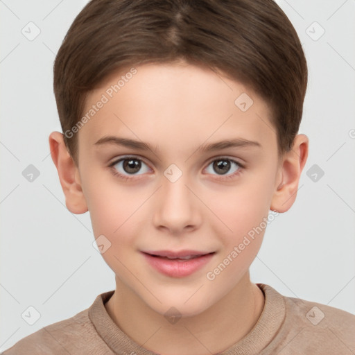 Joyful white child female with short  brown hair and brown eyes