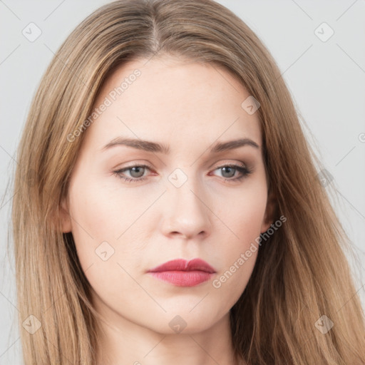 Neutral white young-adult female with long  brown hair and grey eyes