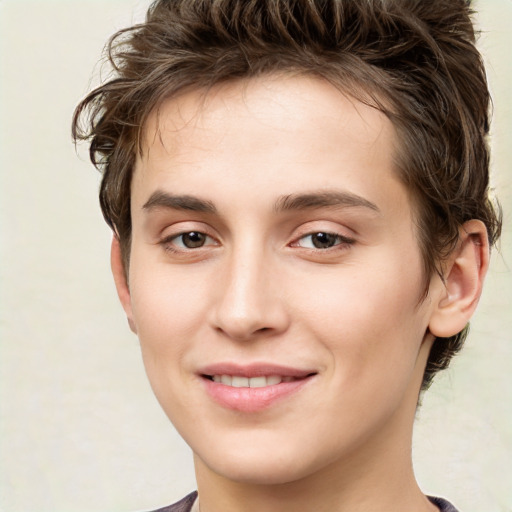 Joyful white young-adult male with medium  brown hair and brown eyes