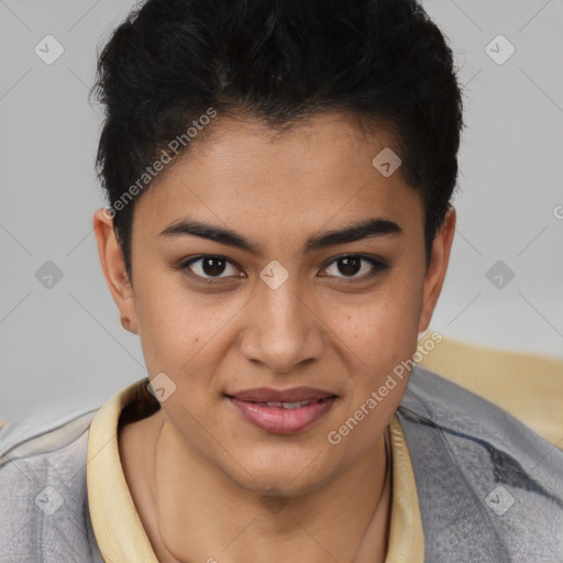 Joyful latino young-adult female with short  brown hair and brown eyes