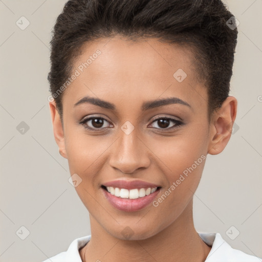 Joyful white young-adult female with short  brown hair and brown eyes