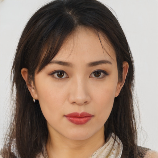Neutral asian young-adult female with long  brown hair and brown eyes