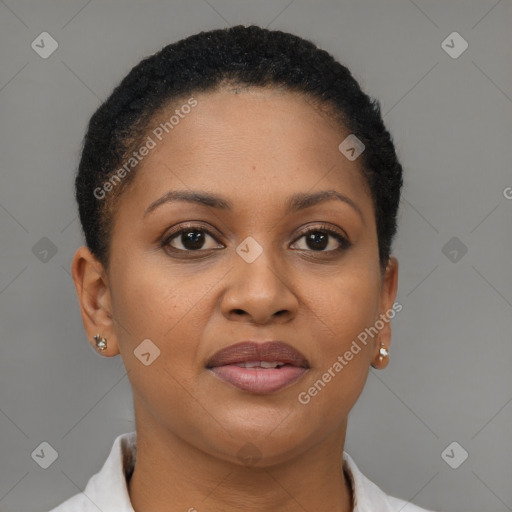 Joyful black young-adult female with short  brown hair and brown eyes
