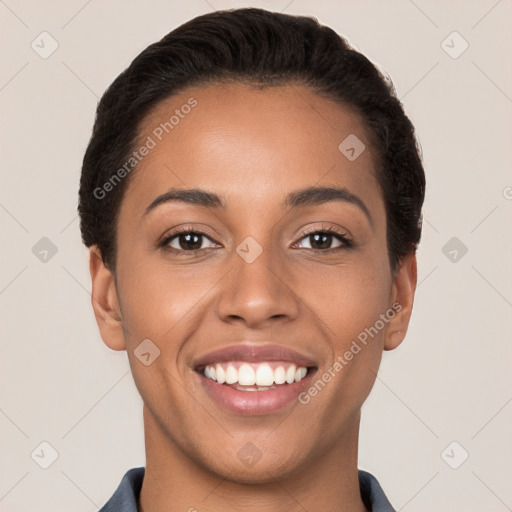 Joyful white young-adult female with short  brown hair and brown eyes