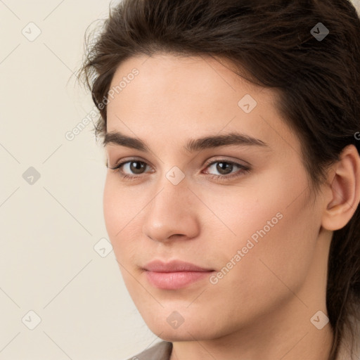 Neutral white young-adult female with medium  brown hair and brown eyes