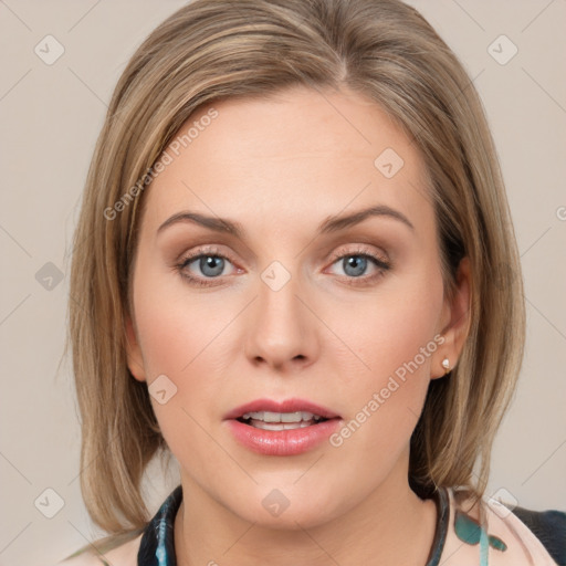 Joyful white young-adult female with medium  brown hair and blue eyes