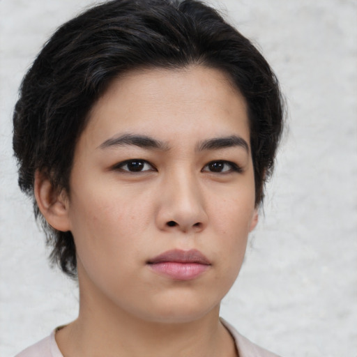 Neutral asian young-adult female with medium  brown hair and brown eyes