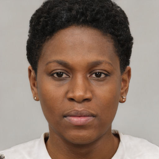 Neutral black young-adult female with short  brown hair and brown eyes