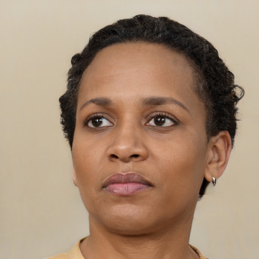 Neutral black young-adult female with short  black hair and brown eyes