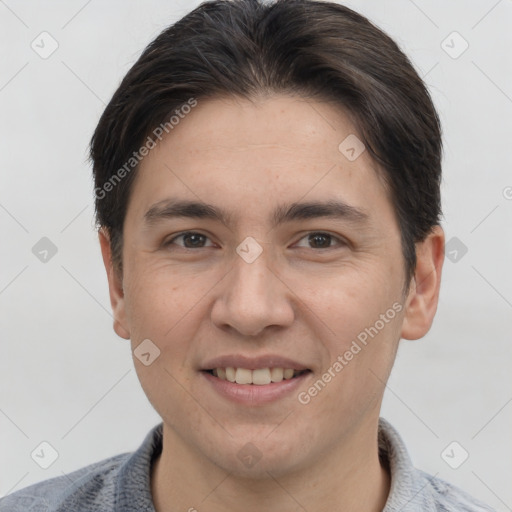 Joyful white young-adult male with short  brown hair and brown eyes