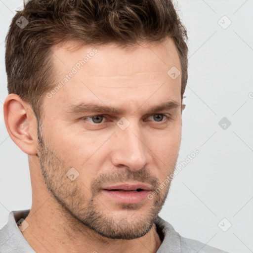 Neutral white adult male with short  brown hair and brown eyes