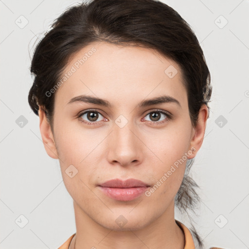 Neutral white young-adult female with short  brown hair and brown eyes