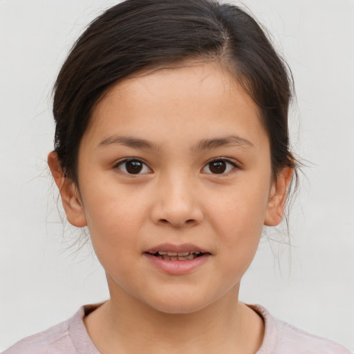 Joyful white child female with medium  brown hair and brown eyes