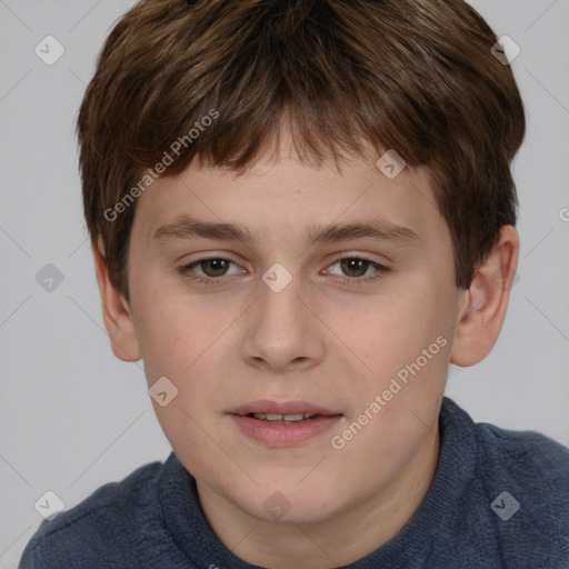 Joyful white child male with short  brown hair and brown eyes