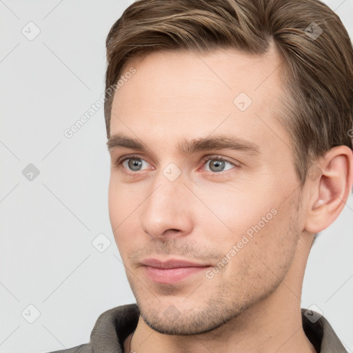 Neutral white young-adult male with short  brown hair and grey eyes