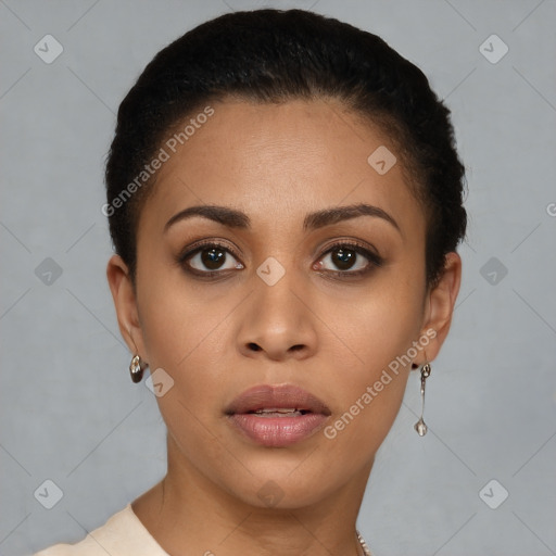 Neutral latino young-adult female with short  brown hair and brown eyes