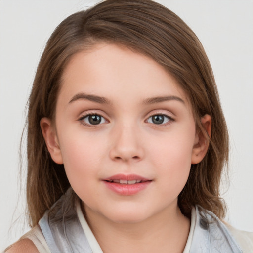 Neutral white child female with medium  brown hair and grey eyes