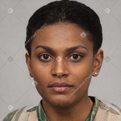 Neutral latino young-adult female with short  black hair and brown eyes