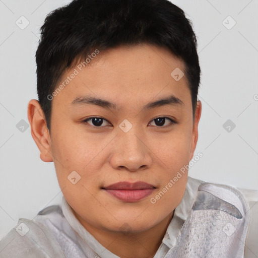 Joyful asian young-adult male with short  brown hair and brown eyes