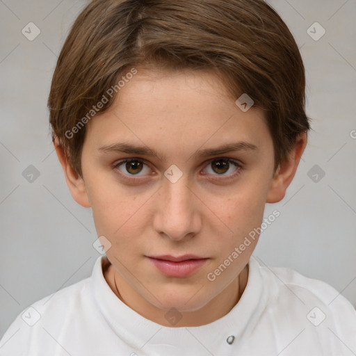 Joyful white child female with short  brown hair and brown eyes