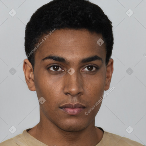 Neutral black young-adult male with short  black hair and brown eyes