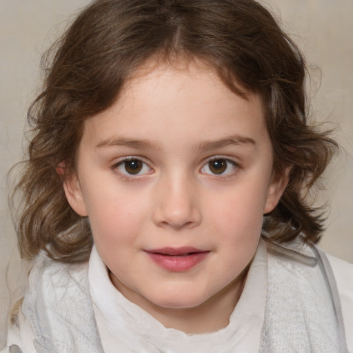 Joyful white child female with medium  brown hair and brown eyes